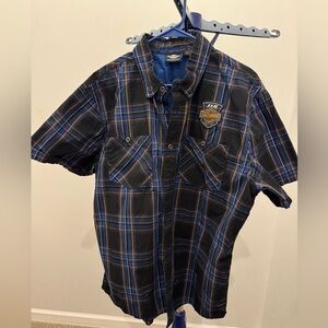 115th Anniversary Harley Davidson Plaid S/S Button Up Shirt Blue Black Sz XL